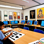 A dynamic art studio, filled with natural light, where diverse students from the MENA region are actively engaged in creative projects. Some are painting on canvases with traditional brushes and watercolors, while others are sketching on digital tablets with styluses, or sculpting intricate 3D models on computer screens. The room seamlessly blends classic art tools with modern tech, showcasing a harmony between tradition and innovation. Artwork on walls includes both traditional calligraphy and vibrant digital prints. The atmosphere is vibrant, collaborative, and inspiring, capturing the essence of modern art education.