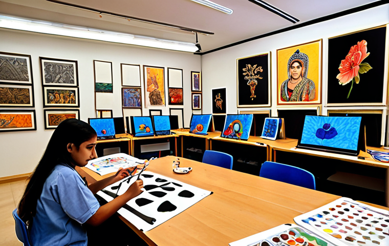 A dynamic art studio, filled with natural light, where diverse students from the MENA region are actively engaged in creative projects. Some are painting on canvases with traditional brushes and watercolors, while others are sketching on digital tablets with styluses, or sculpting intricate 3D models on computer screens. The room seamlessly blends classic art tools with modern tech, showcasing a harmony between tradition and innovation. Artwork on walls includes both traditional calligraphy and vibrant digital prints. The atmosphere is vibrant, collaborative, and inspiring, capturing the essence of modern art education.