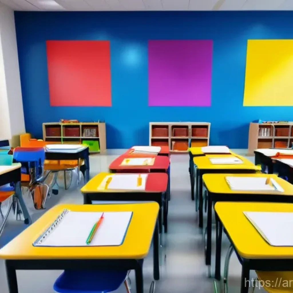 미술교육사 커리어 패스 - **Vibrant Classroom Creativity:** A wide shot of a brightly lit, colorful art classroom filled with ...