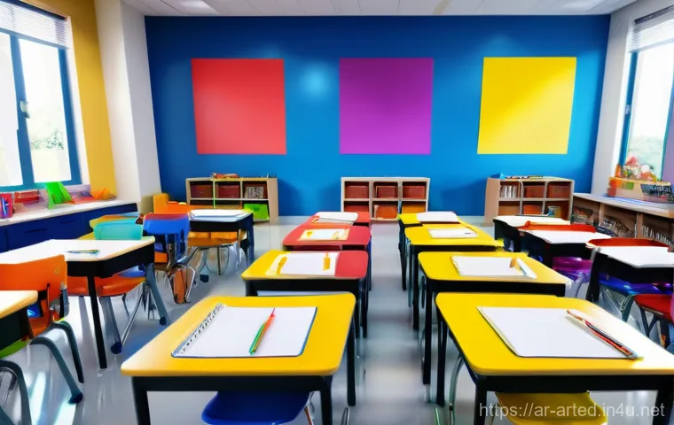 미술교육사 커리어 패스 - **Vibrant Classroom Creativity:** A wide shot of a brightly lit, colorful art classroom filled with ...