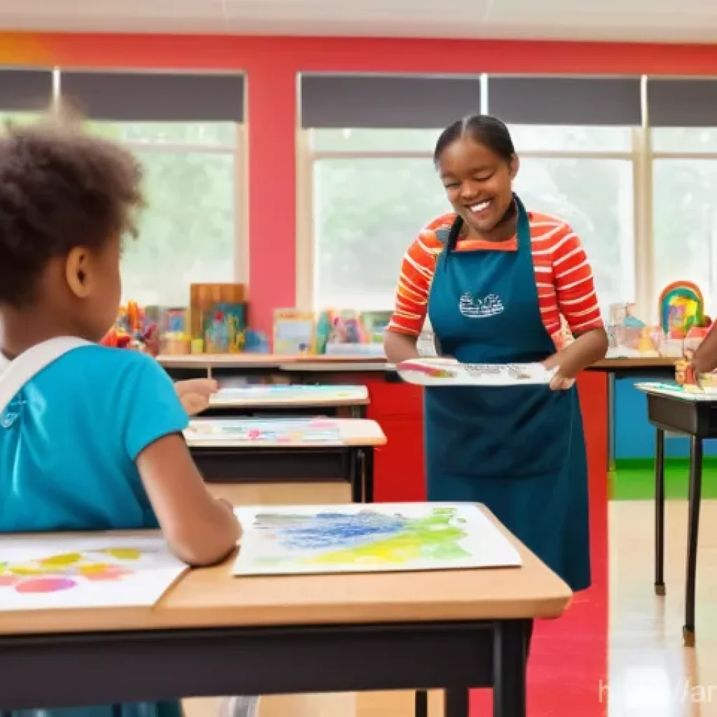 미술교육사 재직자의 직무 경험 - A vibrant, brightly lit elementary art classroom transformed into a creative workshop. Diverse child...