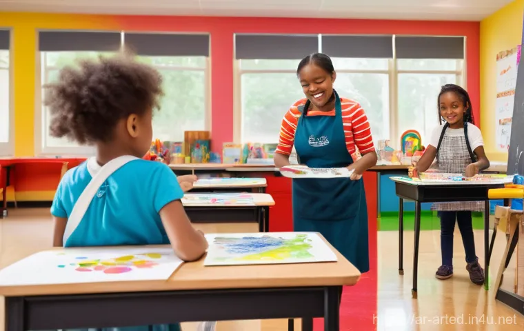 미술교육사 재직자의 직무 경험 - A vibrant, brightly lit elementary art classroom transformed into a creative workshop. Diverse child...