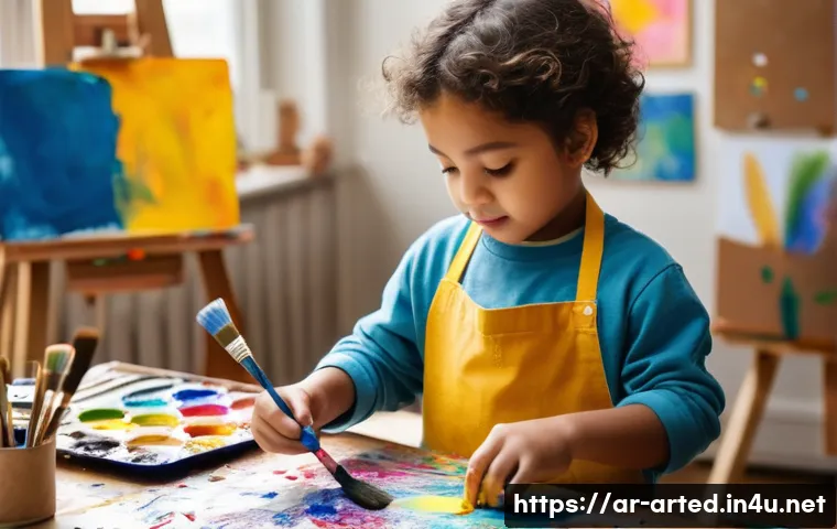미술교육사와 교육 평가 방법 - **Prompt:** A heartwarming, close-up shot of a diverse young child, approximately 6 years old, fully...