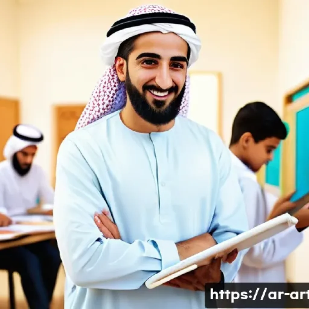 미술교육사 채용 면접 사례 분석 - A vibrant modern art classroom in a Middle Eastern school, featuring an enthusiastic Arab male art t...