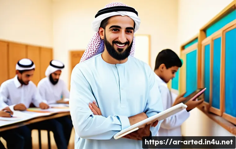 미술교육사 채용 면접 사례 분석 - A vibrant modern art classroom in a Middle Eastern school, featuring an enthusiastic Arab male art t...