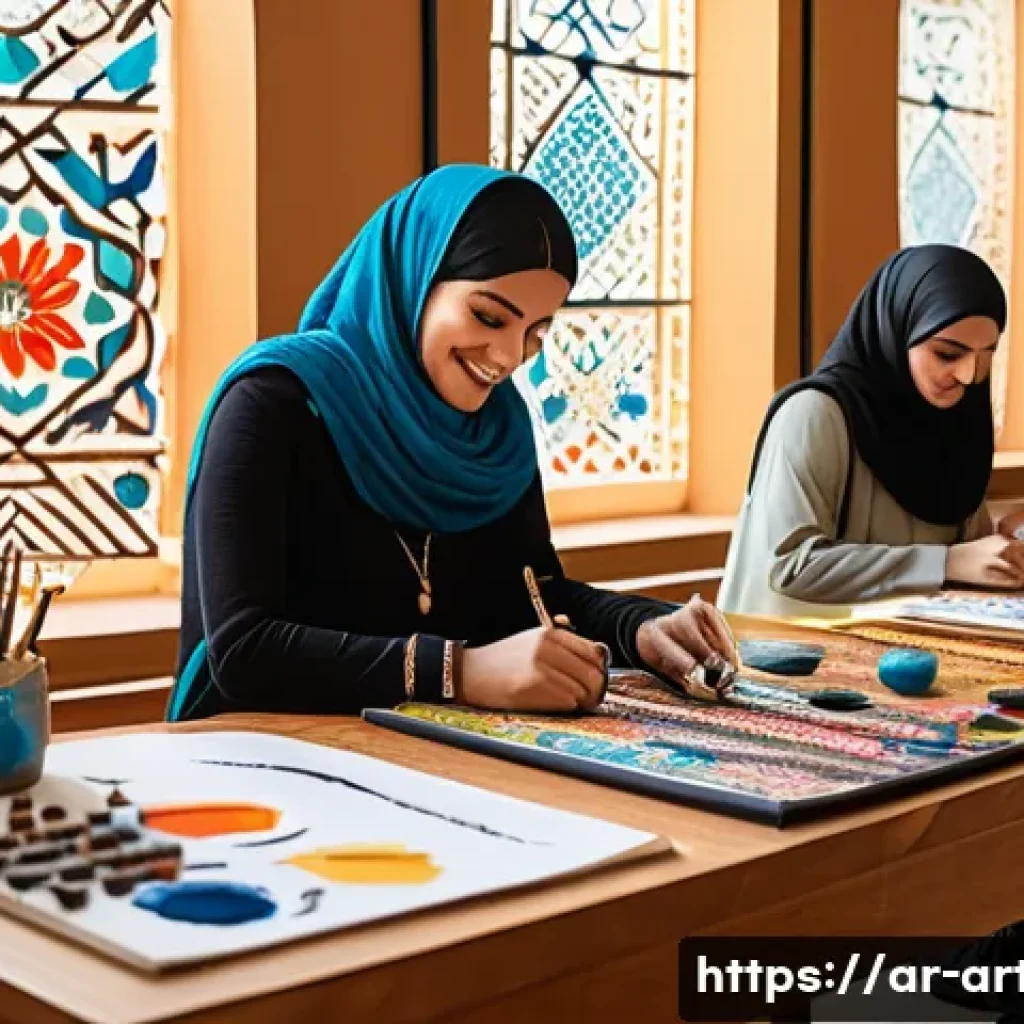 미술교육사와 예술심리치료의 연계성 - A serene art therapy session in a bright, culturally rich room decorated with traditional Middle Eas...