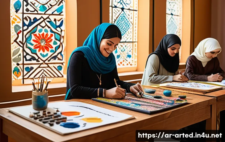 미술교육사와 예술심리치료의 연계성 - A serene art therapy session in a bright, culturally rich room decorated with traditional Middle Eas...
