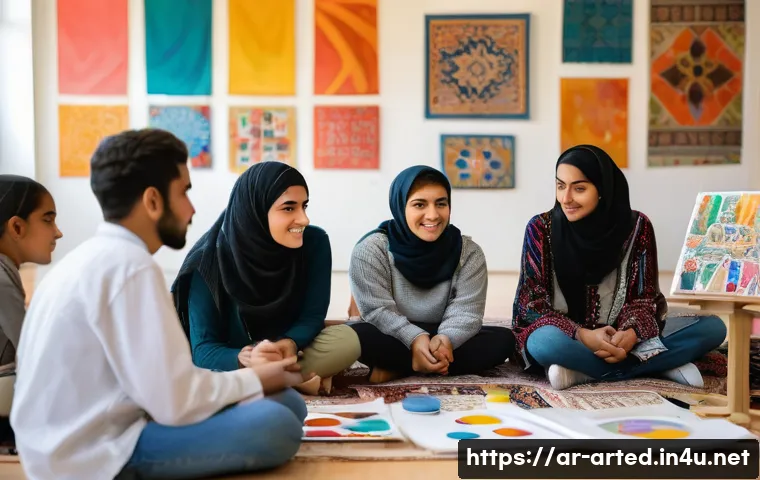 미술교육사로 일하며 느낀 점 - A diverse group of Arab students in a vibrant classroom setting, engaging in a thoughtful art discus...