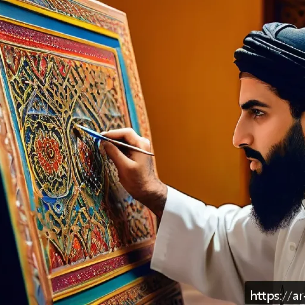 미술교육사 실무와 실기 차이 - A skilled Arab artist in a traditional art studio, practicing painting on a large canvas with brushe...