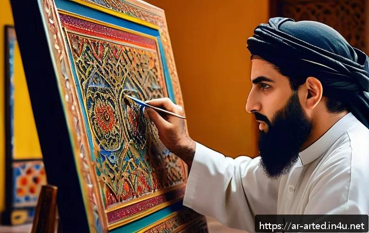 미술교육사 실무와 실기 차이 - A skilled Arab artist in a traditional art studio, practicing painting on a large canvas with brushe...