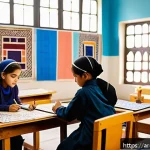 미술교육사로서 지역 예술 발전 기여 - A vibrant Arabic art classroom scene featuring young students wearing modest clothing and practicing...