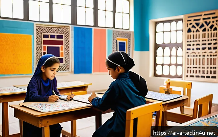 미술교육사로서 지역 예술 발전 기여 - A vibrant Arabic art classroom scene featuring young students wearing modest clothing and practicing...