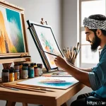 미술교육사로서 직업 훈련 프로그램 - A modern art studio scene with an Arab artist practicing daily drawing and painting exercises, surro...