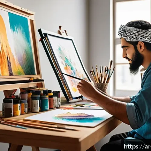미술교육사로서 직업 훈련 프로그램 - A modern art studio scene with an Arab artist practicing daily drawing and painting exercises, surro...