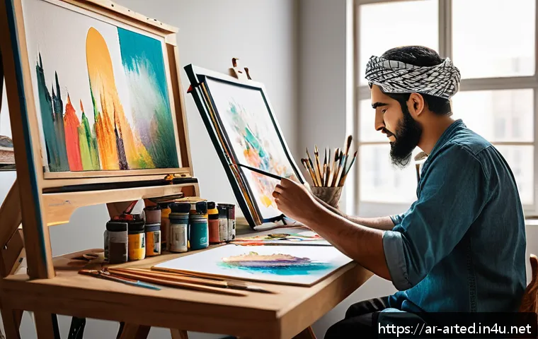 미술교육사로서 직업 훈련 프로그램 - A modern art studio scene with an Arab artist practicing daily drawing and painting exercises, surro...