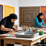 미술교육사 자격증 취득 후 커리어 - A vibrant art workshop scene set in a modern Middle Eastern studio, featuring diverse Arab artists a...