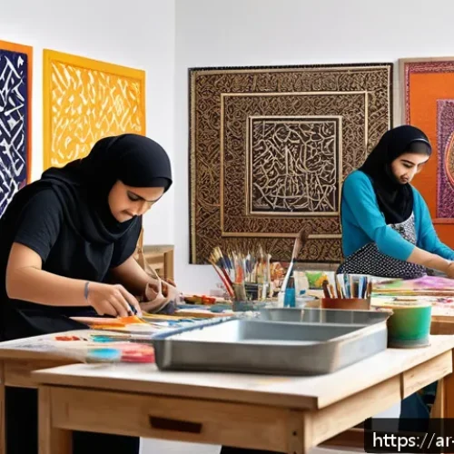 미술교육사 자격증 취득 후 커리어 - A vibrant art workshop scene set in a modern Middle Eastern studio, featuring diverse Arab artists a...