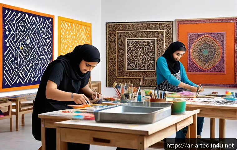 미술교육사 자격증 취득 후 커리어 - A vibrant art workshop scene set in a modern Middle Eastern studio, featuring diverse Arab artists a...