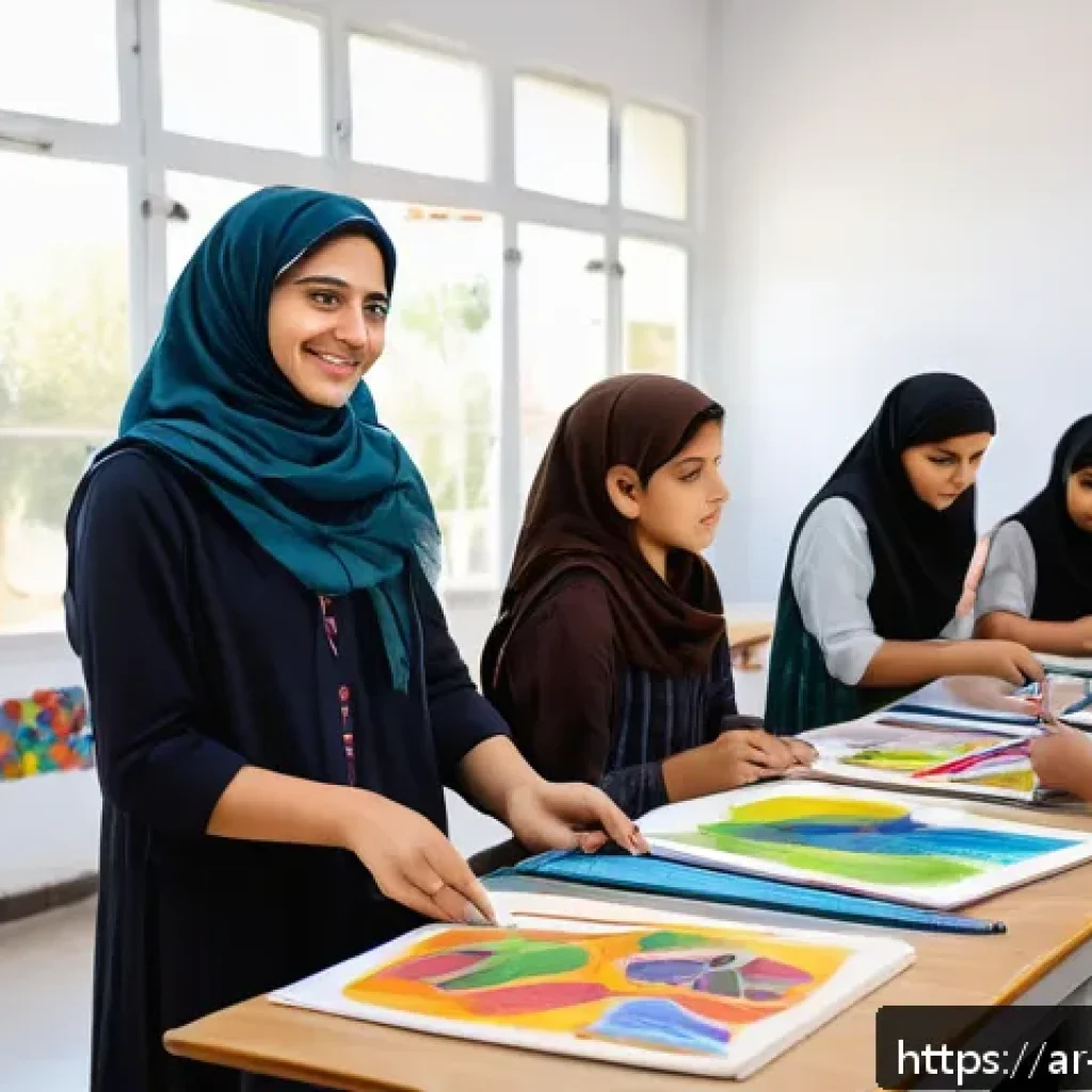 미술교육사의 하루 일과 - A bright, inspiring art classroom in a Middle Eastern school setting, featuring an Arab female art t...