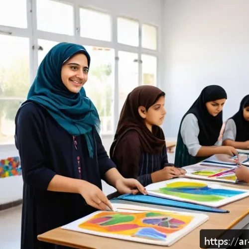 미술교육사의 하루 일과 - A bright, inspiring art classroom in a Middle Eastern school setting, featuring an Arab female art t...