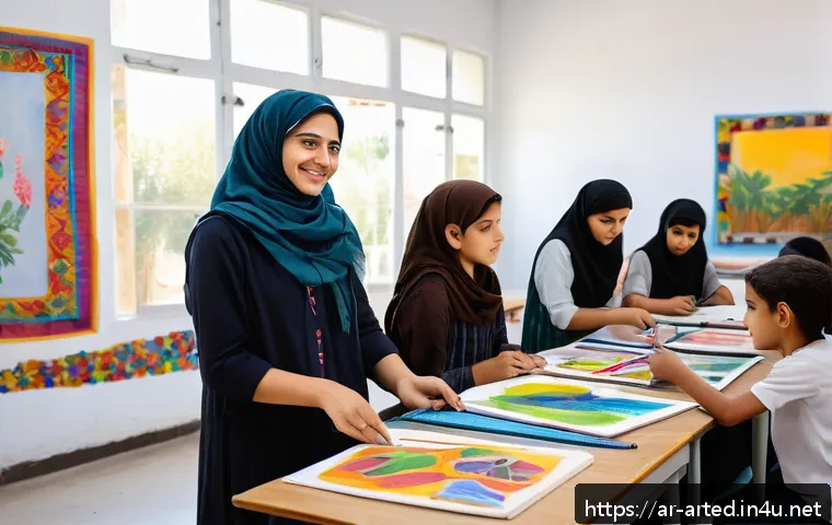 미술교육사의 하루 일과 - A bright, inspiring art classroom in a Middle Eastern school setting, featuring an Arab female art t...