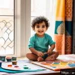 미술교육사와 부모 교육 프로그램 - A warm, inviting home art corner designed for an Arab family, featuring a young child wearing a colo...