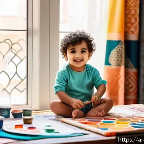 미술교육사와 부모 교육 프로그램 - A warm, inviting home art corner designed for an Arab family, featuring a young child wearing a colo...
