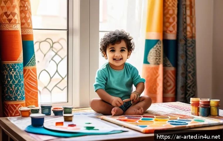 미술교육사와 부모 교육 프로그램 - A warm, inviting home art corner designed for an Arab family, featuring a young child wearing a colo...