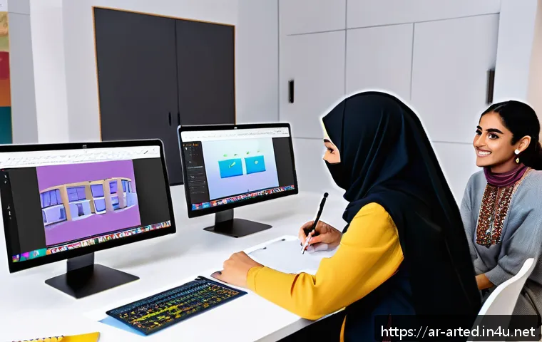 미술교육사 창업 사례 - A vibrant digital art classroom scene set in a modern Middle Eastern home, featuring a diverse group...