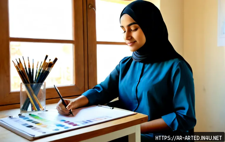 미술교육사 자격증 시험 후기 - Photorealistic Arab woman in modest professional clothing sitting at a bright art studio desk after ...