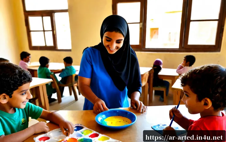 미술교육사와 소외계층 예술 교육 - Photorealistic community art educator guiding a small group of Arab children and teenagers from unde...