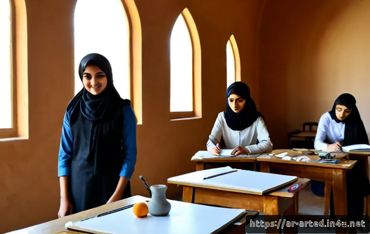 미술교육사 주요 중점 과목 - Photorealistic art education classroom in a modern Arab cultural center, a Middle Eastern female art...
